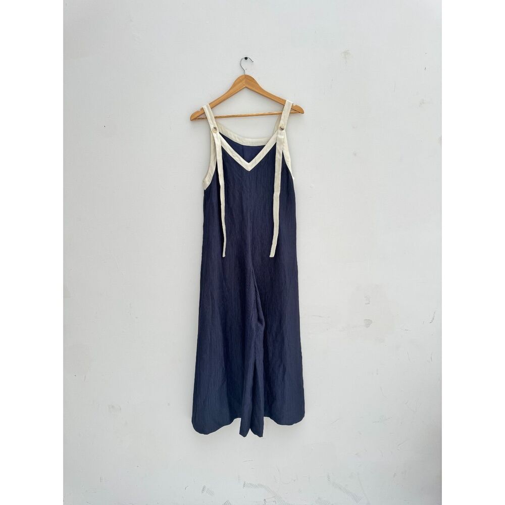 KUOSE Navy Wide Leg Jumpsuit Cream Contrast Trim Size M